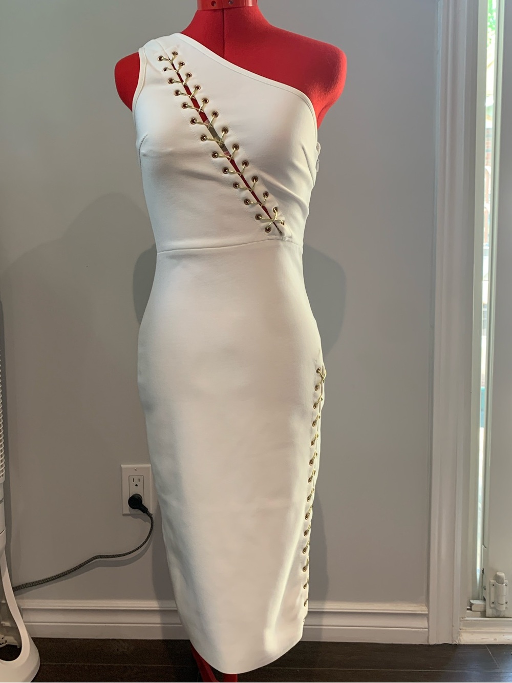 Fashion Nova One-Shoulder White Midi Dress with Gold Eyelet Detail